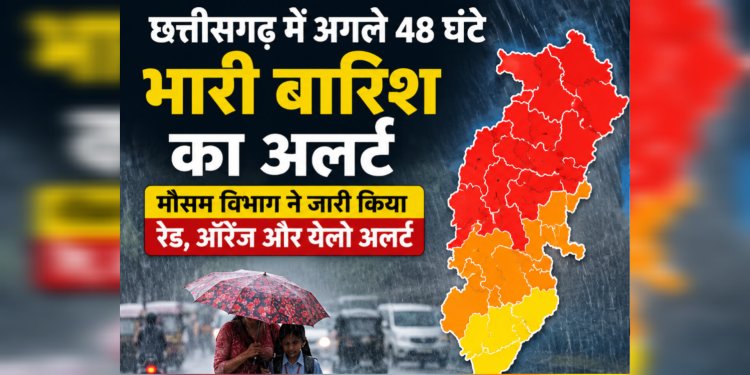 छत्तीसगढ़ में अगले 48 घंटे भारी बारिश का अलर्ट: 10 जिलों में रेड, 8 में ऑरेंज और कई जिलों में येलो अलर्ट